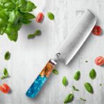 Kirari Damascus Steel Knives With Coloured Blue Resin Handle