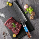 Kirari Damascus Steel Knife with Coloured Blue Resin Handle